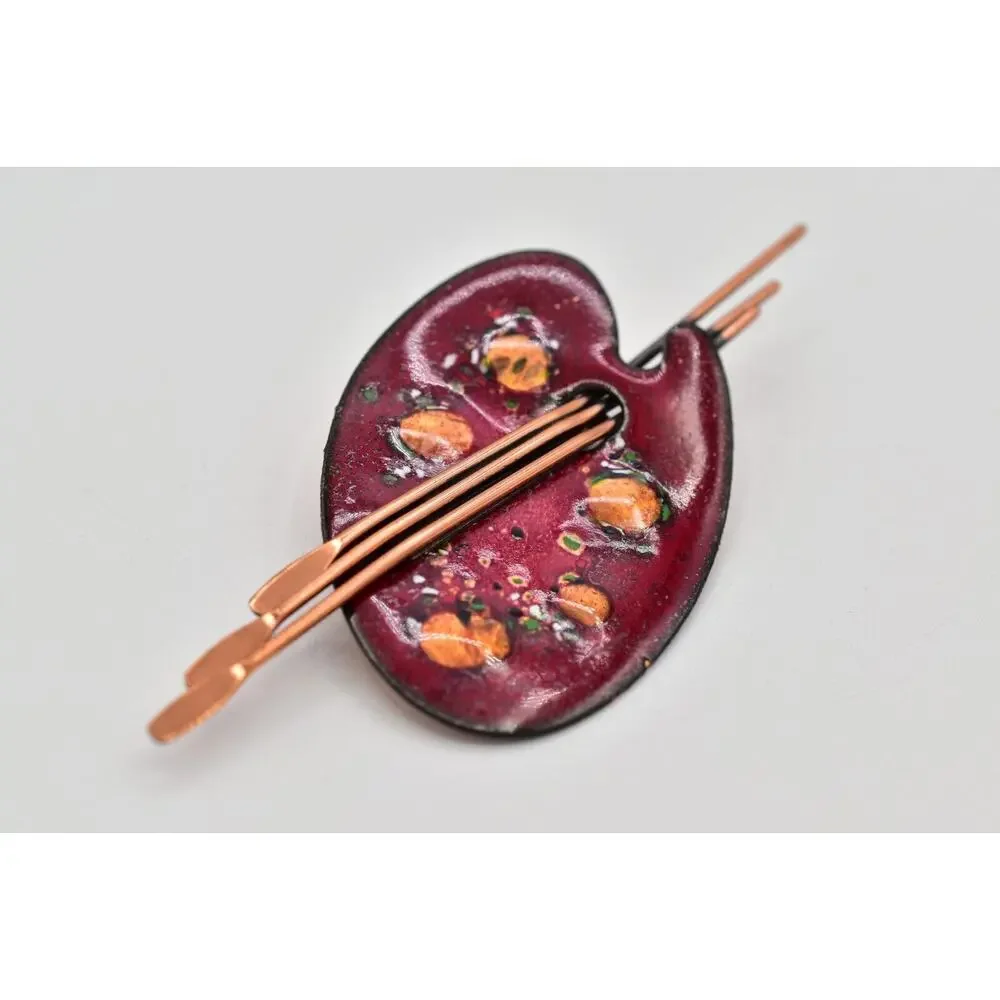 Matisse Renoir Palette Brooch Pin Copper Red Enamel Vintage Signed 1950s BinBG